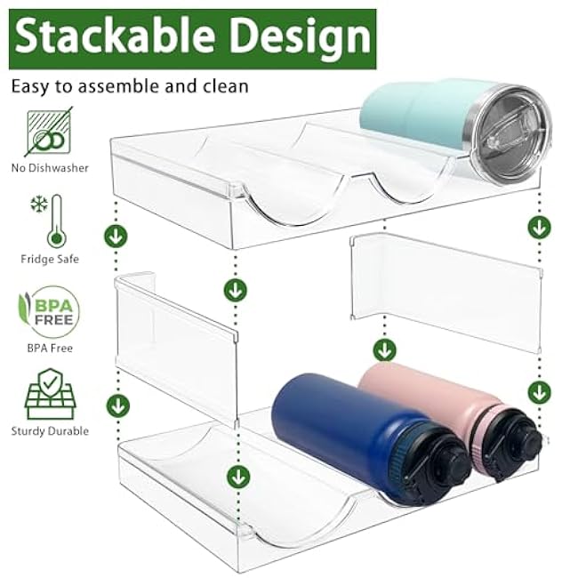 2 Pack Water Bottle Organizer, Stackable Kitchen Pantry Storage Shelf, Plastic Water Bottle Holder for Cabinet and Fridge Organization