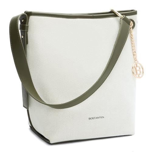 BOSTANTEN Bolsa de ombro feminina moderna bolsa de ombro bolsa de mão de lona com alça ajustável, Verde-bege, Medium, Bolsa tipo balde, bolsa de ombro, bolsas balde