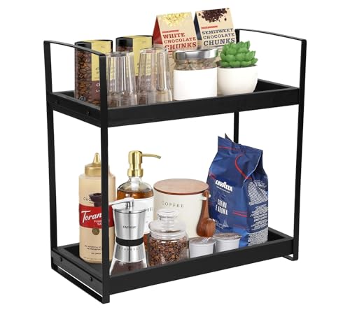 Gzsekken 2 Tier Coffee Station Organizer, Wooden Bar Accessories Caddy, Standing Kitchen Storage Shelf for Home, Office - Black