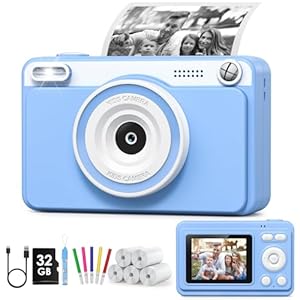 GREENKINDER Sofortbildkamera Kinder, 2.4 Zoll Bildschirm Kinderkamera Sofortbildkamera mit 32GB Karte & 5 Rollen Druckpapier, 080P Kamera Kinder Sofortdruck, Geschenk für 3-12 Jungen und Mädchen(Blau)