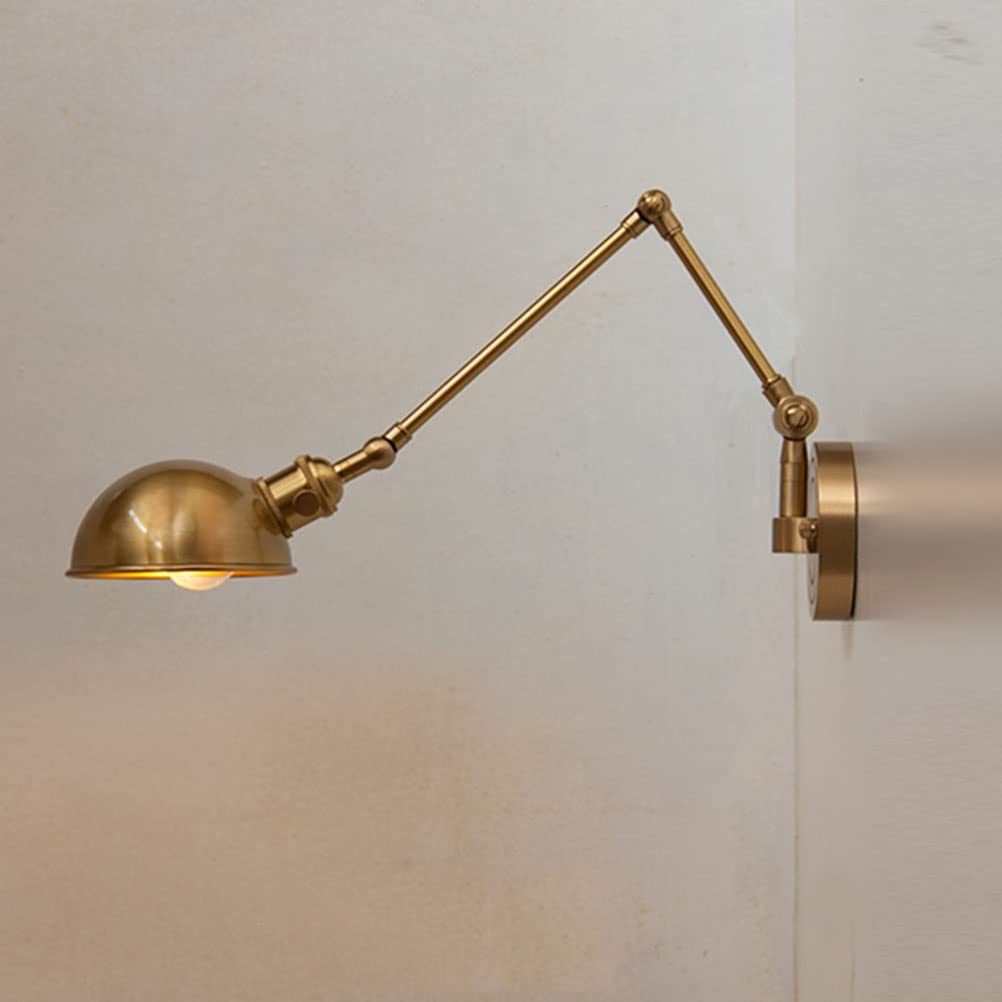 Rustikale Wandleuchte mit Stecker, Messing Wandlampe mit schalter Verstellbarer Schwenkarm Nachttisch Wandbeleuchtung Leselampe mit 2,0 m Kabel für Schlafzimmer Bettseite Wohnzimmer Esszimmer Gold