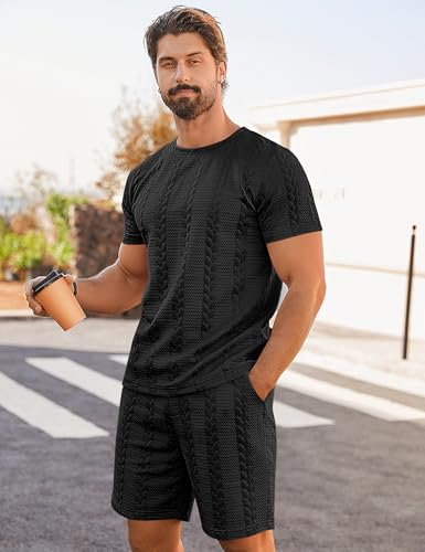 Babioboa Men's Short Sleeve Tracksuit Summer T Shirt & Shorts set Striped Jaquard Solid Two Piece Casual Daily Duty-off2