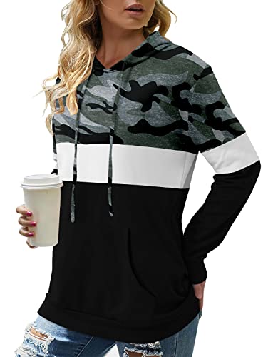 Angerella Camo Hoodies for Women Long Sleeve Hooded Sweatshirts Color Block Tops with Pockets Black XL