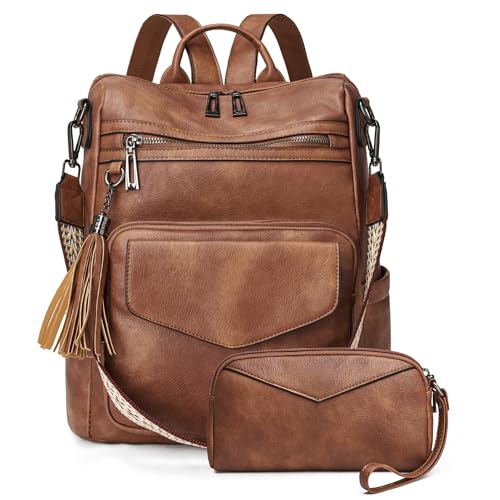 OPAGE Backpack Purse for Women Leather Anti-theft Fashion Designer Travel Backpack Ladies Shoulder Bags With Wristlet-Brown