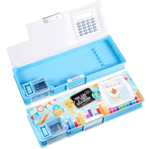 Image of Henoyso Multifunctional Pencil Box for Boys, Blue Inspirational Pencil Case with Calculator and Sharpener, 2026 Back to School Supplies Organizer for Kids Teens Students, Elementary Gift