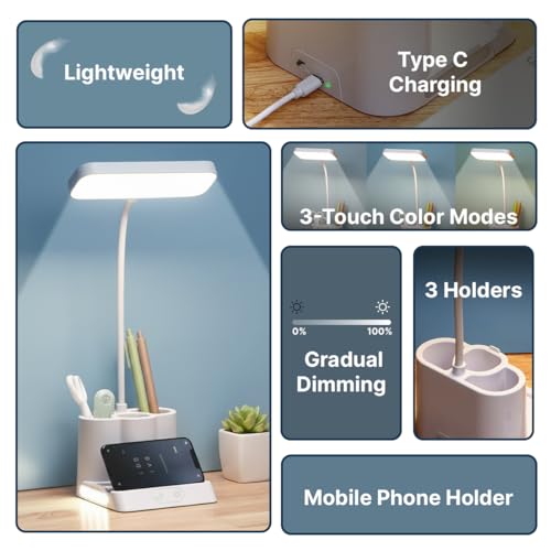 Image of pTron 5W EaseMate Study Lamp L1, 6 Hrs Runtime max., Seamless Dimming, 3 Colour Modes, Adjustable Brightness Levels, Table Lamp for Study, Pen Stand, Night Lamp, Flexible Neck, Type C Charging (White)