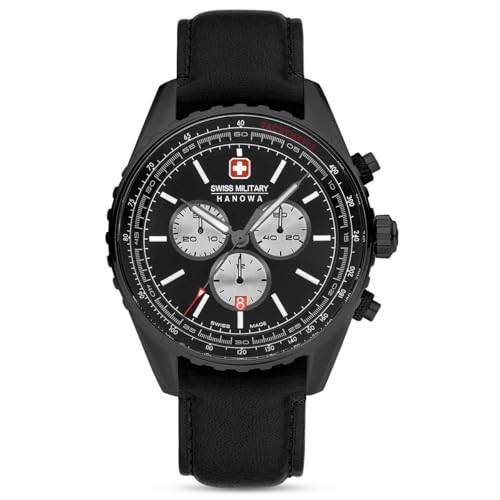 Swiss Military Hanowa Afterburn Chrono Men'S Watch With Genuine Leather Strap Or Metal Strap Date Sapphire Glass, Black / Black / Silver / Black Leath