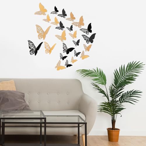 MultiValue 3D Schmetterlinge Deko, 12 Stück Schmetterling Wanddeko mit Kleber 3 Größe 3D Schmetterling Gartendekoration Wand Deko für Hochzeit Party Balkon Wand (12, Schwarz)