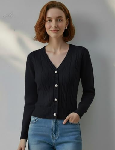 Image of Women's Casual Slim Fit Cardigan Sweaters Long Sleeve Button Down Lightweight Waist Length
