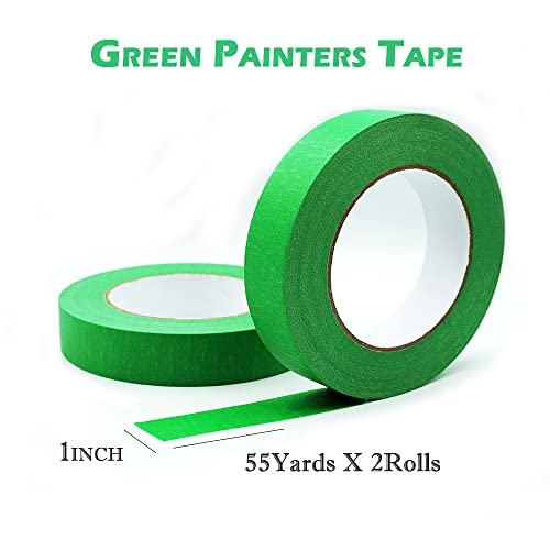 Image of 1 inch Masking Tape, Green Painters Tape 1 inch Wide 55 Yards X 2 Rolls, Green Paper Tape for Arts DIY Crafts Painting Labeling Decoration School Projects Home Office