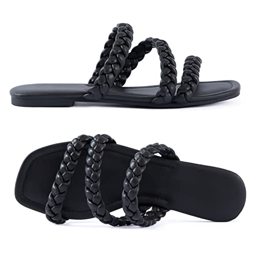 Image of Mtzyoa Women's Strappy Flat Sandals with Toe Ring | Lightweight Walking Slides | Summer Beach Wedding Shoes | Black | Casual Dressy Vacation