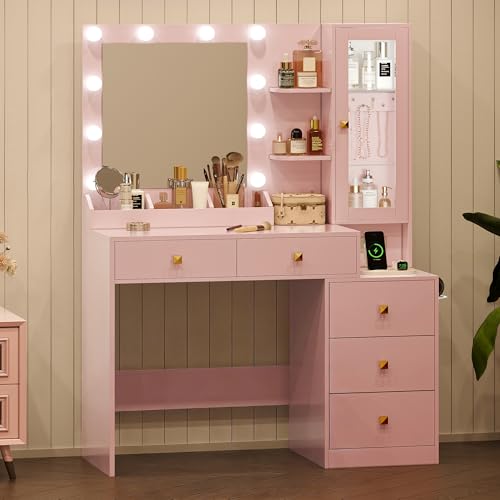 Image of HUANLEGO Vanity Desk with Mirror and Lights, Pink Makeup Vanity Set with 5 Drawers, Jewelry Organizer& LED Glass Cabinet, 3 Light Mode Dressing Table for Girls, Vanities Mirror with Lights Desk