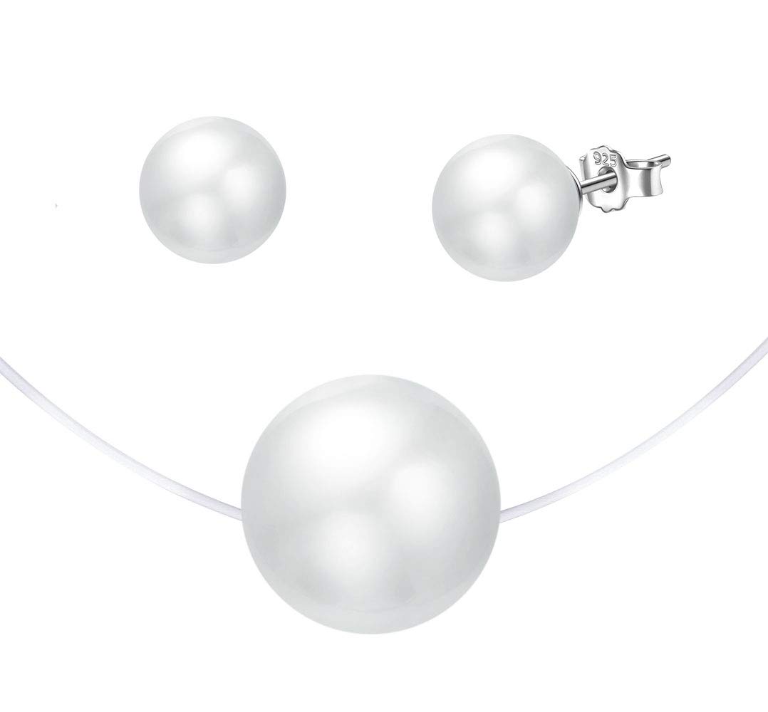 CPSLOVE Collane da donna, Orecchini da donna, Parure di gioielli in argento 925, Collana pendente di perle a catena invisibile in nylon trasparente, Collana girocollo, Orecchini di perle