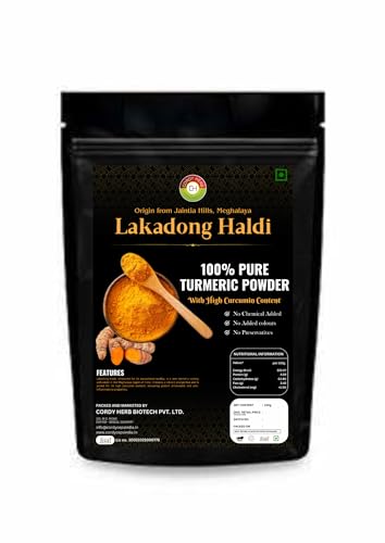 Lakadong Poudre de curcuma | (7-12) % de teneur élevée en curcumine | Poudre Haldi biologique | Provenant de Jaintia Hills, Meghalaya | Poudre de curcuma sans produits chimiques