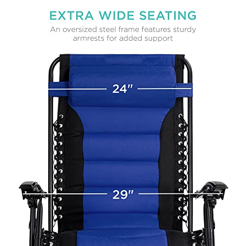 Best Choice Products Oversized Padded Zero Gravity Chair, Folding Outdoor Patio Recliner, Xl Anti Gravity Lounger For Backyard W/Headrest, Cup Holder, Side Tray, Outdoor Mesh - Black/Blue #TOP1