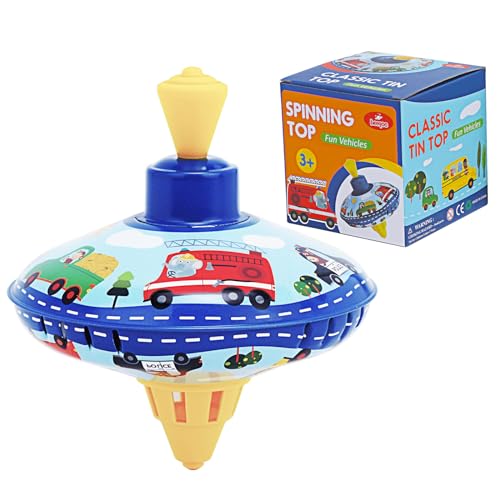 Beeqoo Retro Spinning Top Tin Toy for Kids – Fun Vehicle Classic Toys - Toddler Traditional Spin Tops - Metal Fidget Spinner for Kindergarten – Sensory Gyroscope - Novelty Gifts Party Favors