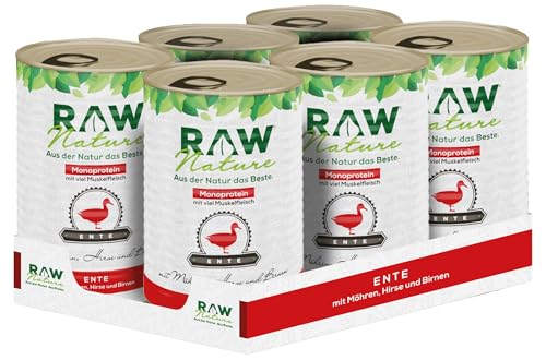 RAW Nature - Ente Pur 6x400g - Mit Hirse und Birne - Nassfutter für Hunde - Hoher Fleischanteil - Monoprotein - Alleinfuttermittel - Getreidefreies Hundefutter (6er Pack)