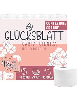 Glücksblatt Carta igienica vellutata, 4 strati, 48 rotoli x 130 fogli, 100% cellulosa, carta igienica super morbida con goffratura fortunata, carta igienica, ideale per campeggio, confezione da almeno