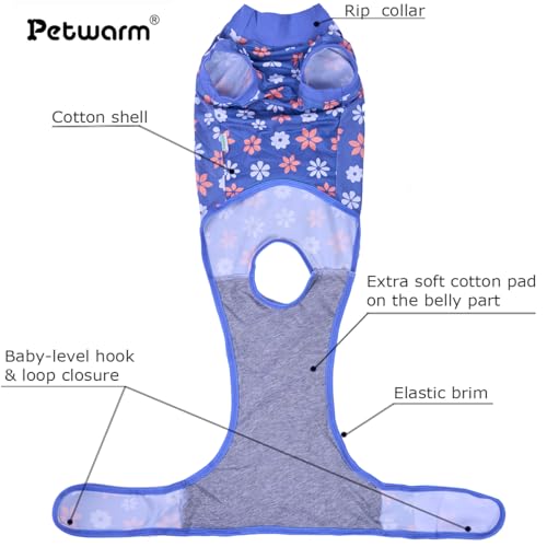 Image of PetWarm Dog Surgical Recovery Suit, Dog Bodysuit for Sensitive Skin Areas, Surgical Suit for Dogs Abdominal Affected Areas Bandages, Substitute E-Collar and Cone, Flower Pattern, Blue, XS