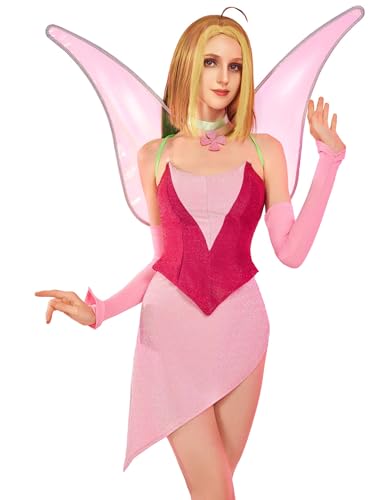 Winx Club Costume de fée pour femme Flora Cosplay Tenue Corset Top et Jupe Haute-Bas avec une paire d'ailes