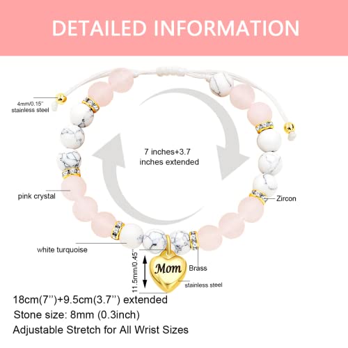 Image of Uloveido Natural Stone Mom Heart Charms Beaded Bracelets for Mum from Son or Daughter With Massage Card and Box | Mothers Day Jewelry Gifts