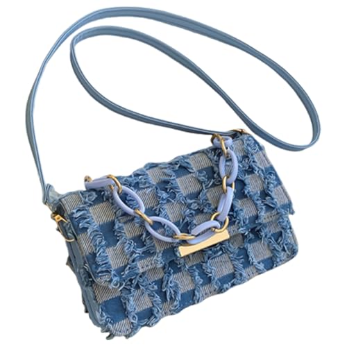 Checkered Jeans Flap Shoulder Bag Handbag with Chain Handle Adjustable Strap Denims Tassels Crossbody Purse for Women