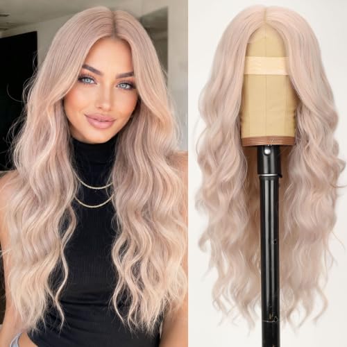 Image of AISI HAIR Light Pink Wig for Women, Long Wavy Synthetic Lace Wig 26Inch