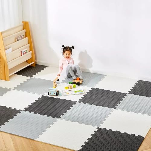 Image of Puzzle Flooring || Kids Interlocking Play mat || Baby Play Mat || Play mats for Kids || 12 MM Thick (40 Tiles - 160 Square Feet, Black - Grey - White)