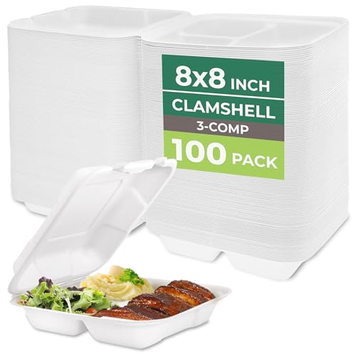 Image of Freshware Clamshell Food Containers with Lids [8x8 inch] 3-Compartment 100-Pack, Disposable To Go Containers, Biodegradable Sugarcane To Go Boxes - Paper Container - Microwave & Freezer Safe, Stackable