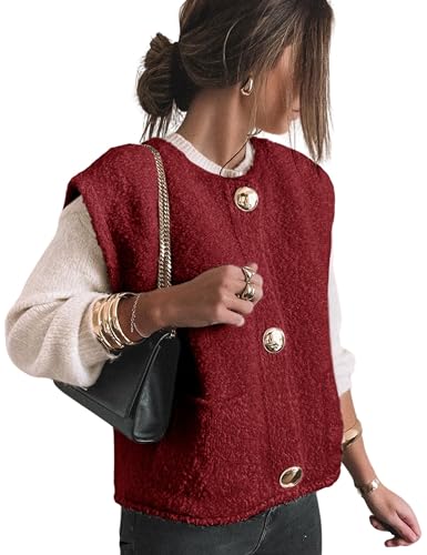 Womens Fleece Sweater Vest Casual Sleeveless Button Down Knit Gilet Outerwear Cardigan with Pockets