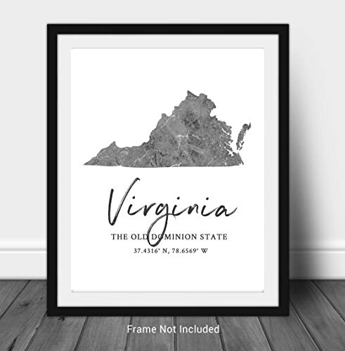Virginia State Map Wall Art Print - 8X10 Silhouette Decor Print With Coordinates. Makes A Great Old Dominion State-Themed Gift. Shades Of Grey, Black & White. #TOP1