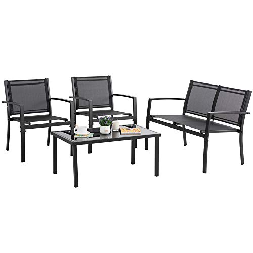 Image of Vongrasig 4 Piece Outdoor Patio Furniture Sets, Modern Textilene Bistro Set Patio with Loveseat and Glass Tea Table, Conversation Set with for Lawn Balcony(Black