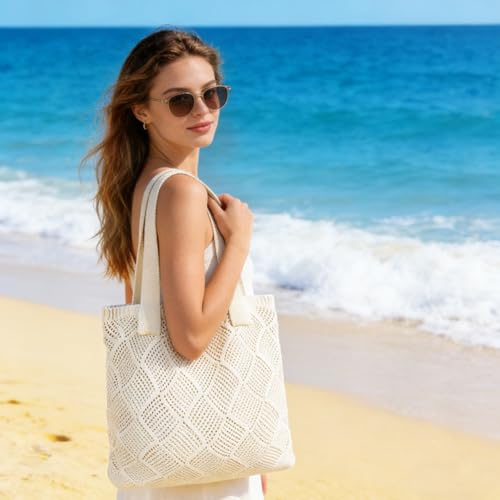 Image of COOKOOKY Lined Crochet Tote Beach Shoulder Bag Women Casual Work Shopping | Lined crochet tote with soft structure, perfect for beach, work, shopping. Roomy & lightweight for daily use.