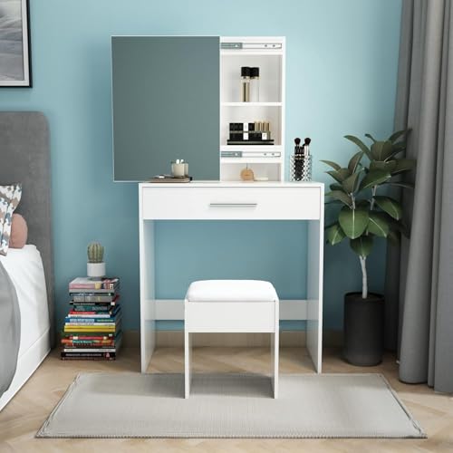 Mondeer Dressing Table Stool, White Soft Padded Vanity Stool Chair Comfortable Piano Stool Suitable For Dressing Table Bedroom Makeup Stool, 41X 35 X 45 Cm - 7