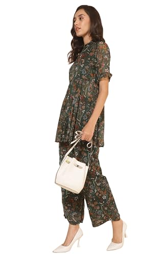 Image of Janasya Women's Green Chiffon Lurex Floral Printed Co-ord Set