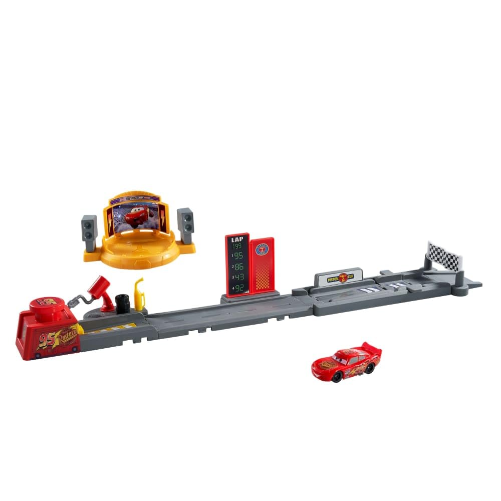 Mattel CARS - Pista di Lancio Piston Cup, set lungo 50+ cm con salti, acrobazie e 2 modalità di gioco, veicolo di Saetta McQueen incluso, giocattolo per bambini, 4+ anni, JDJ02