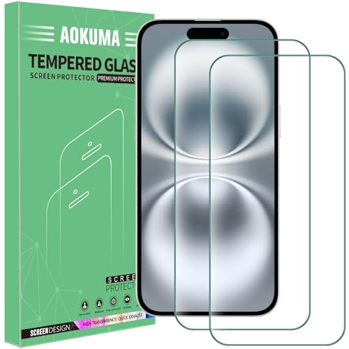 AOKUMA Tempered Glass for iPhone 16 Plus 6.7 inch Screen Protector [2 Pack] Premium Quality Guard Film Case Friendly Shatterproof Shockproof Scratchproof Oilproof