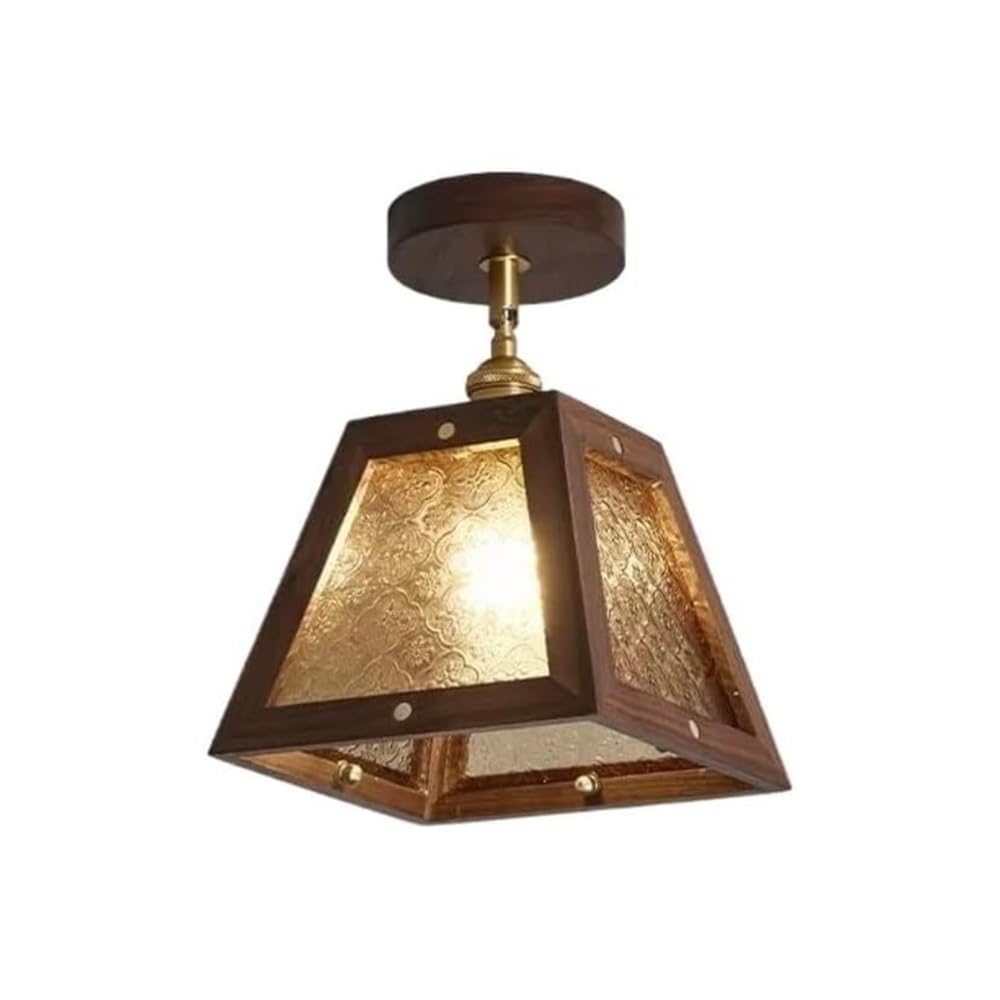 STUIJKVSZ Mid Century Retro Flush Mount Ceiling Light, 10.6-Inch Black Walnut Wood Brass Fixture, Embossed Patterned Glass Shade Lamp for Hallway Kitchen Entryway Porch, E26 Base(Amber)