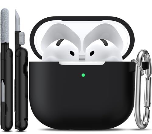 R-fun Kompatibel mit Airpods 4th Hülle mit Reinigungsset, Weiche Silikonhülle mit Schlüsselanhänger, Vollständige Schutzhülle für Männer und Frauen, Kompatibel mit Apple Latest Airpods 4th,Schwarz
