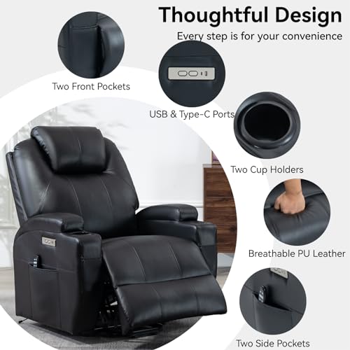 Image of Recliner Lift Chair with Massage and Heating Function,Power Lift Recliner Chair for The Elderly with USB and Type-C Ports,Extended Footrest,2 Cup Holders,PU Leather Black