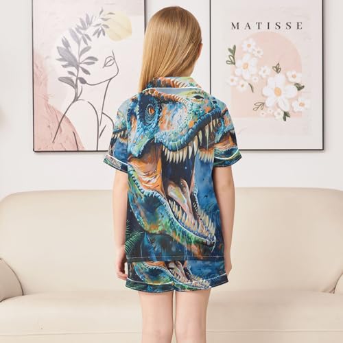 ALAZA Blue Animal Dinosaur Palm Leaf Satin Pajamas Set Short Sleeve Button Down Sleepwear Summer Pjs 2 Piece4