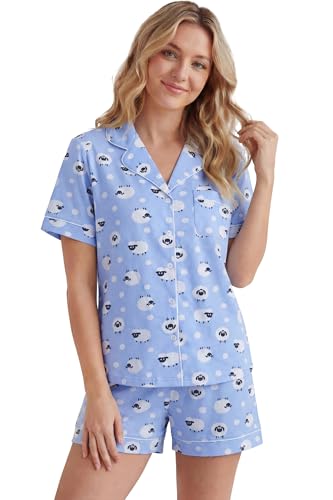 Image of LUBOT 100% Cotton Pajamas for Women 2 Piece PJ Set Button-Down Soft Knit Short Sleeve Summer Sleepwear Loungewear XS-XXL