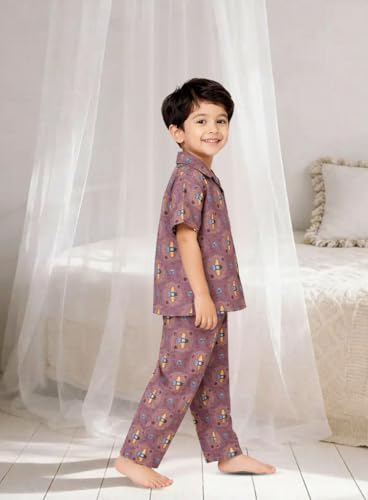 Image of 3BROS Unisex Pure Cotton Short Sleeve Kids Night Dress for Boys & Girls Nightwear /Sleepsuit /Sleepwear /Loungewear Night Suit for Boys and Girls Top and Pyjama Combo Set