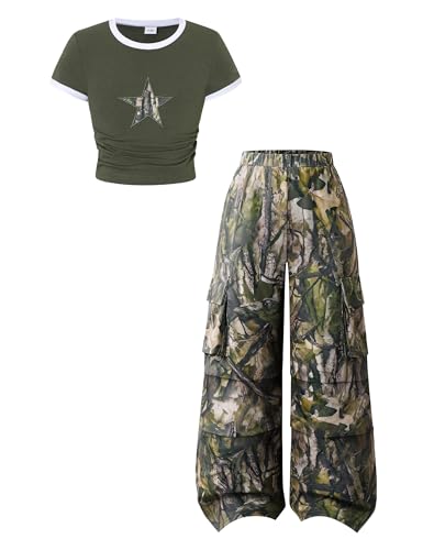 Image of Azmxynol Tween Girls Clothes 2 Piece Outfit T-Shirt Top + Cargo Pants, Teen Girl Trendy Clothing Set, Sizes 7-15 Years