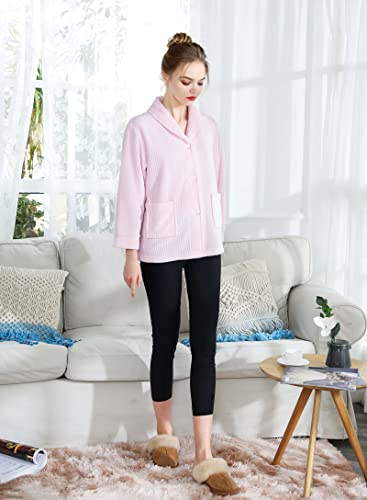 Loungees Women's Drop Needle Coral Fleece Shawl Collar Button Front Bed Jacket - 1X Pink2