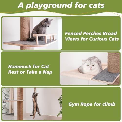 Floor to Ceiling Cat Tree, 5 Tier Cat Tower Adjustable Height (82-120 in), Tall Climbing Tree with Perches, Hammock, Scratching Post, Bed, Ball Toys, Solid Structure and Neutral Color Fit Home Decor by Chuiendi - Image 3