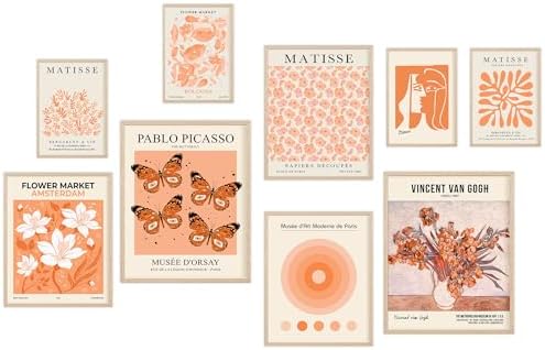 KONGSY Orange Matisse Wall Art Prints Set of 9, Abstract Flower M...