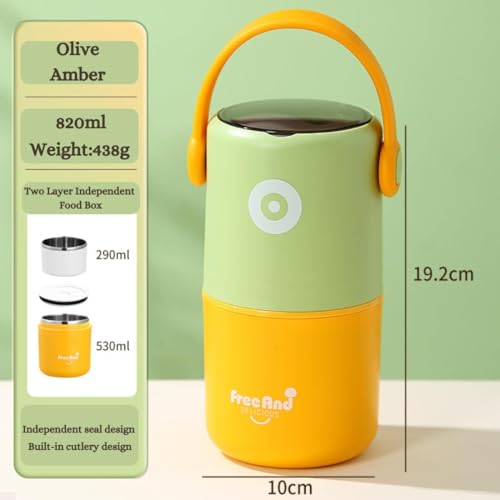 Image of Insulated Lunch Pot 820ml with Handle & Cutlery | 304 Stainless Steel Food Meal Jar | Leak-Resistant Lunch Box for Office School Travel | Soup Rice Meal Container - Olive Amber