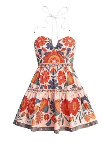 Image of Floerns Women's Floral Sleeveless Halter Dress Milkmaid Flare Hem Boho Mini Dress