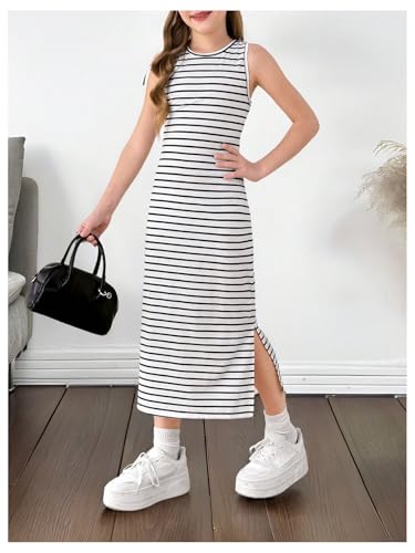 OYOANGLE Girl's Striped Print Open Back Midi Tank Dress Crew Neck Side Slit Dresses2
